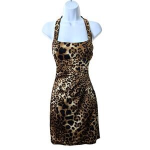 Vintage Y2K 90s Cache Leopard Print Halter Mini Dress Bodycon Clubwear Size 0